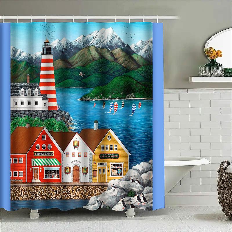 Decorazione Bagno Onda Oceanica Costiera Set Tende Doccia Nautico Spiaggia Paesaggi Marini Liner