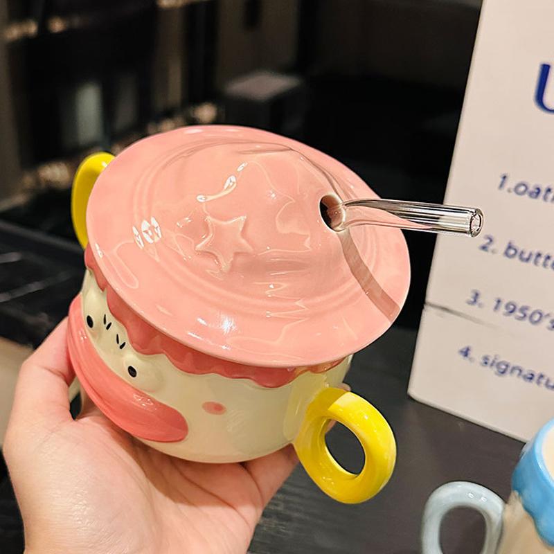 Ceramic Milk Mug with Lid And Straw 400ml Funny Cartoon Animal Water Cup with Double Handle Holiday Gift
