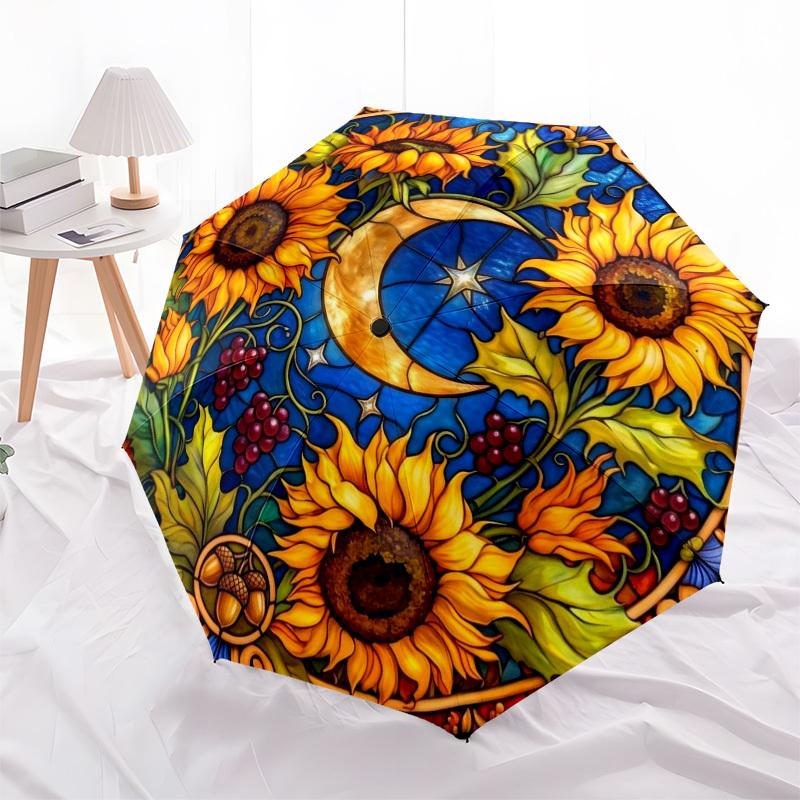 1pc Sunflowers, Moon, Stained Glass Umbrella with Plastic Handle,Compact & Stylish,Suitable for All Seasons YS331093