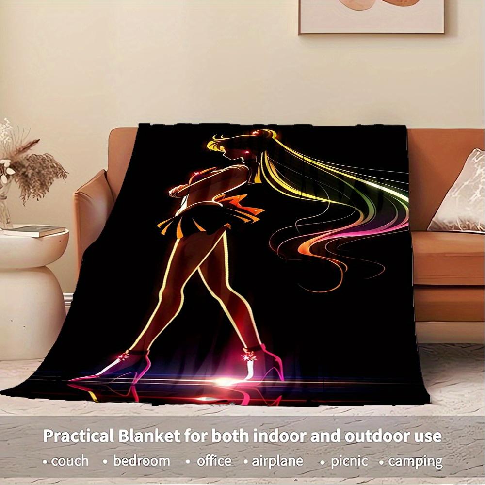 For Sailor Moon,Neon Lights,Silhouette-Themed Flannel Blanket, Glam Style, Digital Print, All-Season Comfort, Tear-Resistant, Knitted Crafts