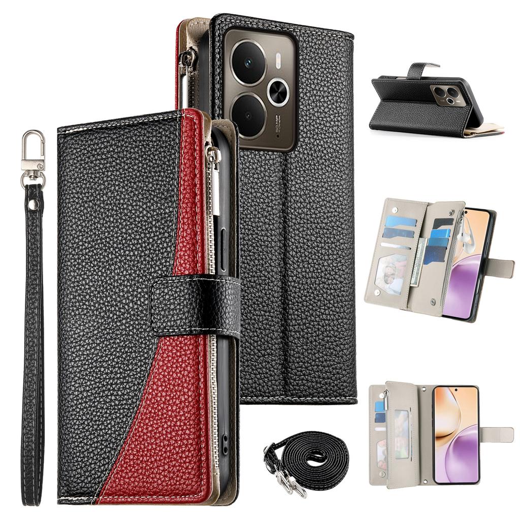 For Realme 14 5G Case Zipper Wallet Color Splicing Leather Flip Phone Cover with Straps
