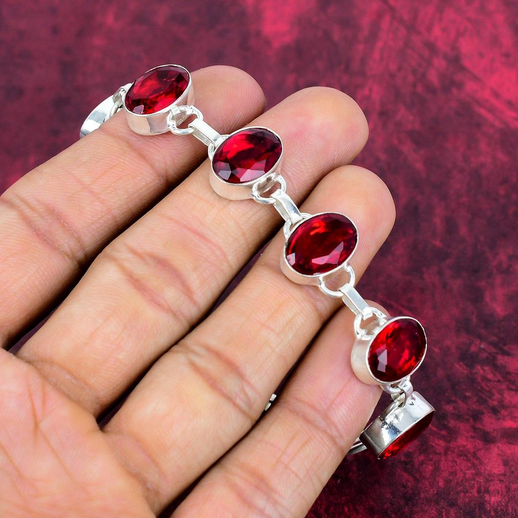 Red Garnet 925 Solid Sterling Silver Bracelet, Handmade Gemstone Bracelet Jewelry, Gifts For Wife Brand New Bracelet