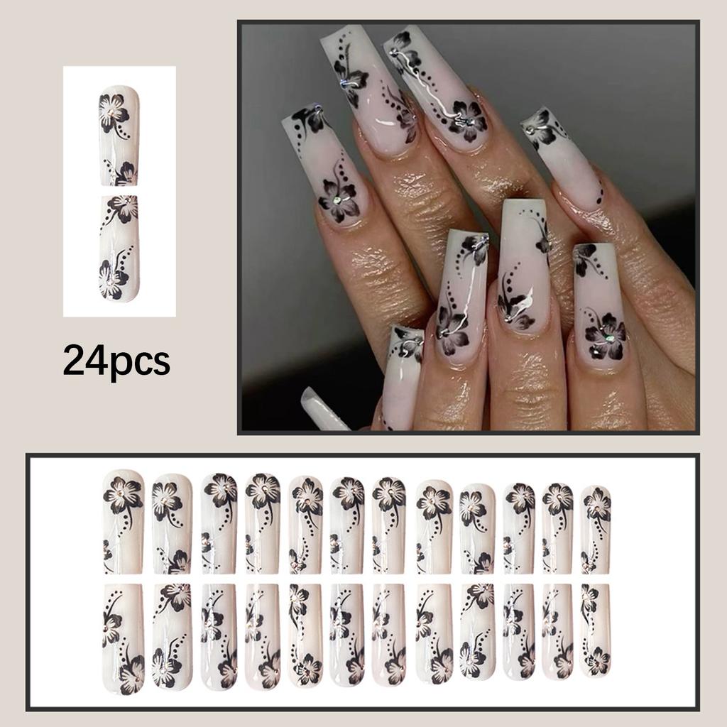 24Pcs White Long Coffin Press On Nails Black Flower Printed Ballerina Fake Nails Art Manicure For Women