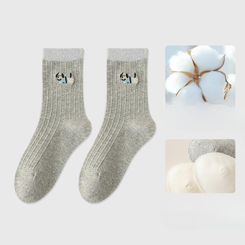 Ladies Spring and Autumn Assorted Colors Cute Embroidery Puppy Drum Pile Socks