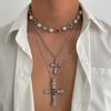 3Pcs/Set Punk Crystal Cross Pendant Necklace for Men Women Creative Imitation Pearl Multi-Layer Clavicle Chain Y2K Jewelry Gift