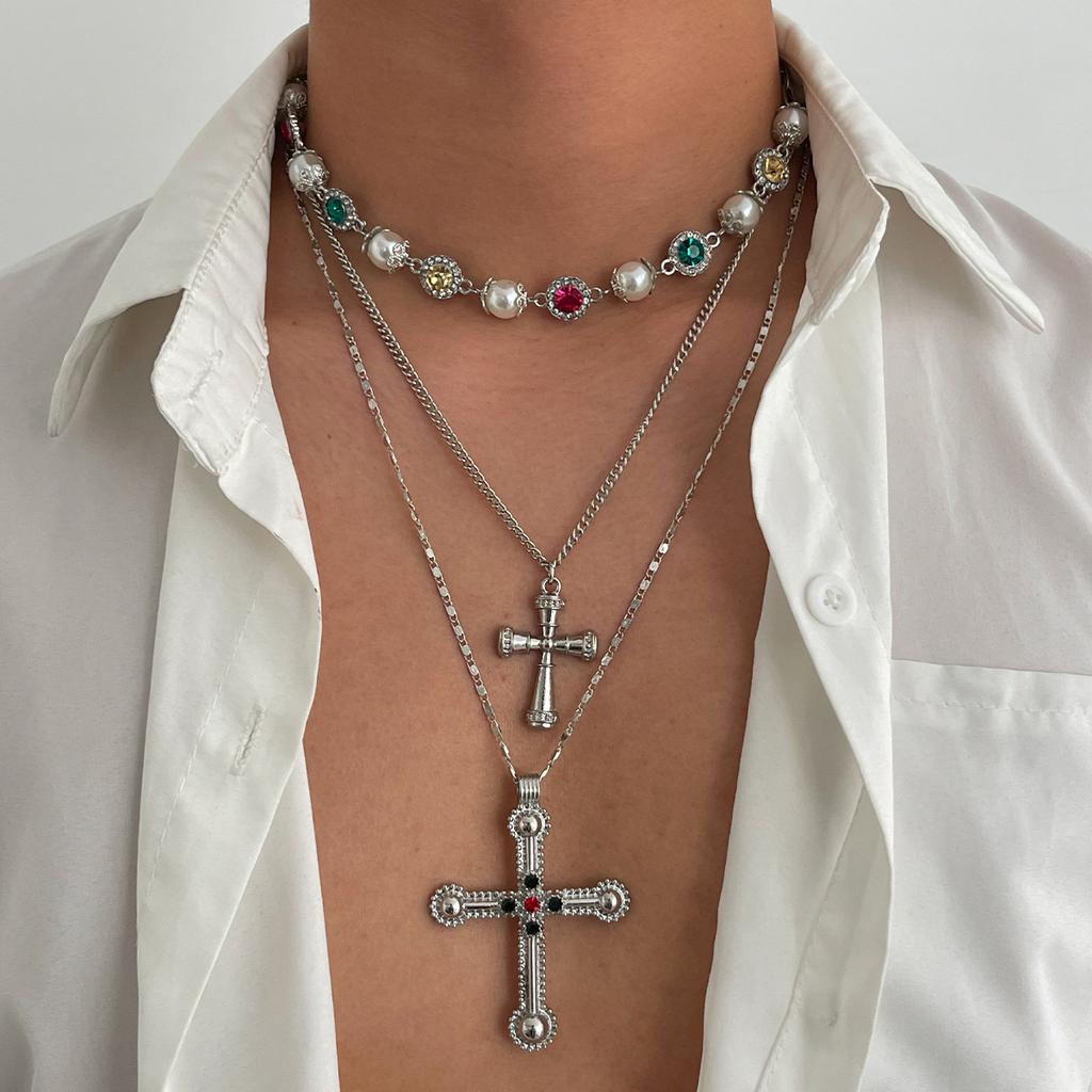 3Pcs/Set Punk Crystal Cross Pendant Necklace for Men Women Creative Imitation Pearl Multi-Layer Clavicle Chain Y2K Jewelry Gift