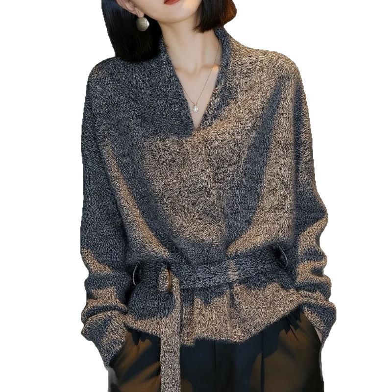 Lazy gray V-neck sweater women's 1011 spring new high-end foreign-style age-reducing lace-up waist knitted top
