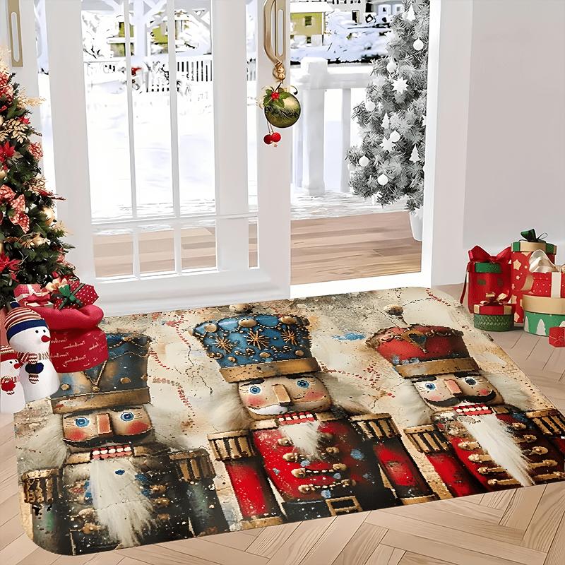 Nutcracker Doll Christmas Welcome Doormat, Indoor Outdoor Flannel Non-Slip Mat for Kitchen Office Laundry Bathroom Holiday Decor