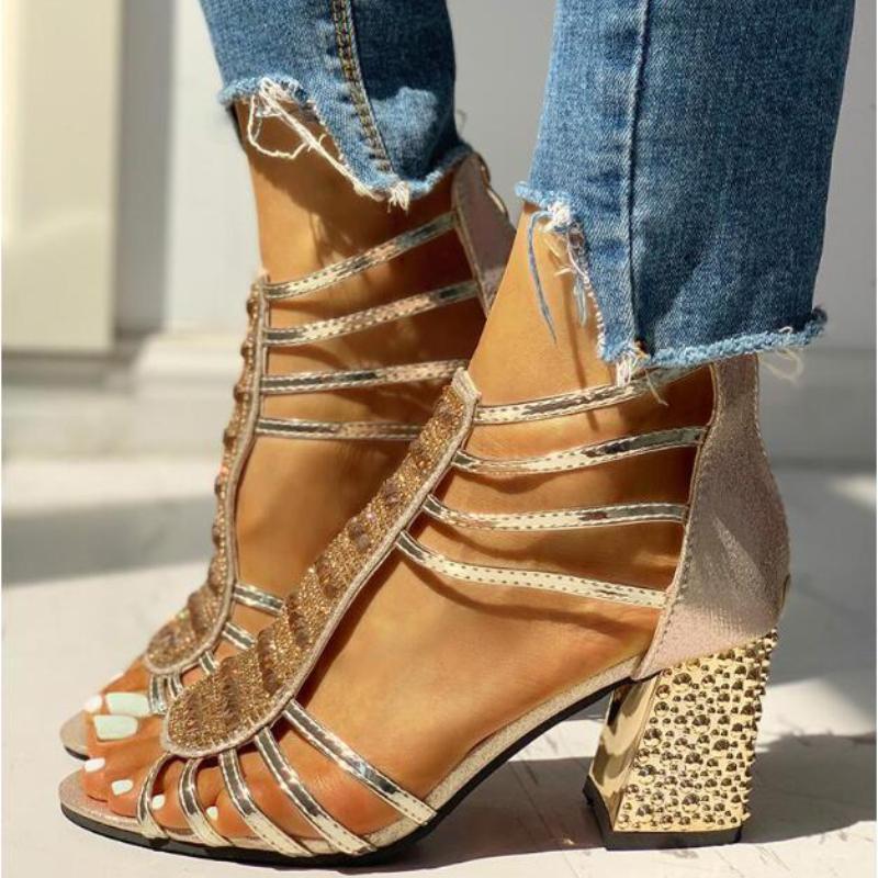 Nové letní dámské sandály z roku 2024 s kulatou špičkou a otevřenou špičkou na vysokých podpatcích s dutými kamínky a robustním podpatkem, dámské boty na zip vzadu.