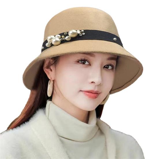 Top Hat British Style Faux Pearl Decor Down Brim Sunshading Round Top Decorate Retro Vintage Women Cloche Hat for Church