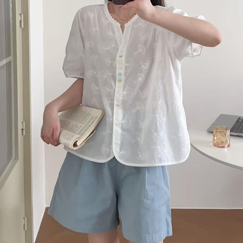 

Lace Crew Neck White Shirt Women s Short Sleeve Summer Embroidered Top Cotton Women s Shirt XXL білий