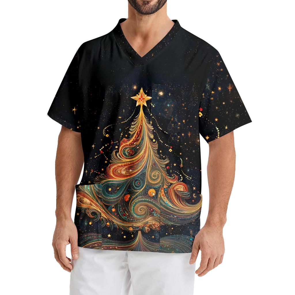 Men's Printing Short Sleeve V-neck Working Blouse Chest Pocket Carer Top