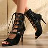 Fashion Stiletto Sandals Summer New Round Toe Open Toe Paneled Front Lace-Up Rear Zipper Non-Slip Plus Size Women's Shoes
