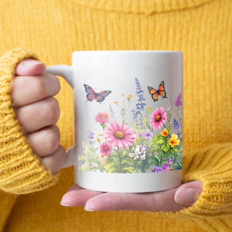 Ceramic cup white flower garden with butterfly and wildflower design for coffee tea or hot drink белый