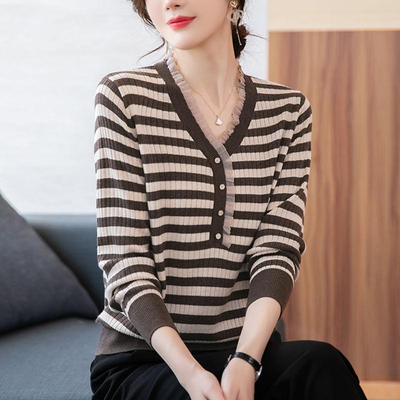 New Autumn and Winter Long-sleeved V-neck Sweater Stylish and Loose Slim Striped Sweater for Middle-aged Women