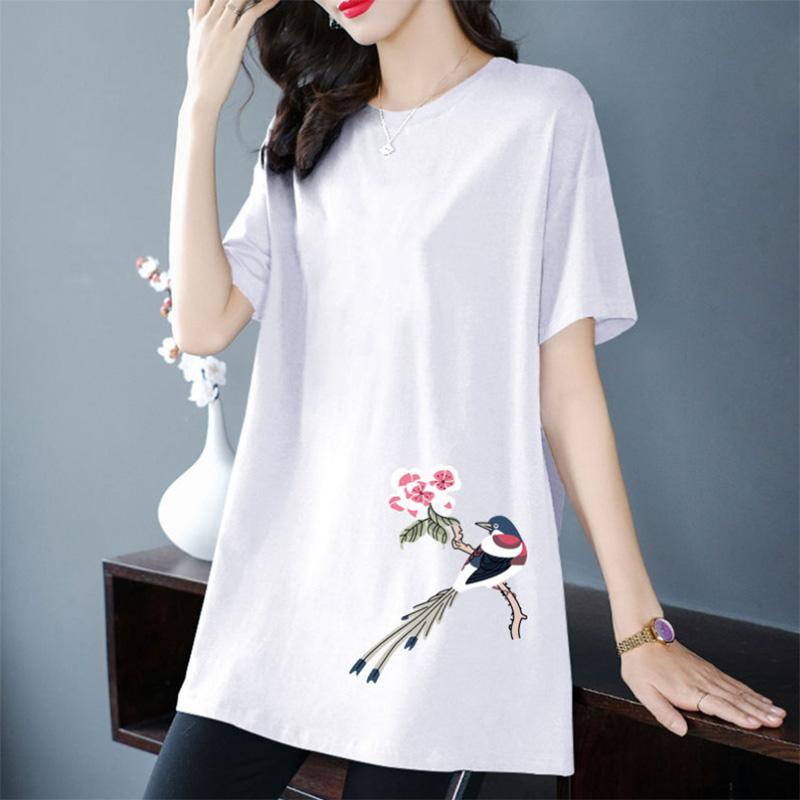 100% bumbac Tricou cu mânecă scurtă de lungime medie pentru femei Vară cu model de culoare uni Imprimare All-match Subțire de lungime medie Top Trendy