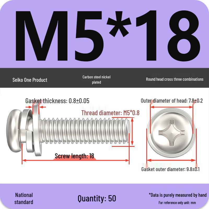 Nickel-Plated Phillips Pan Head Screw with Washer, M2-M6 Thread