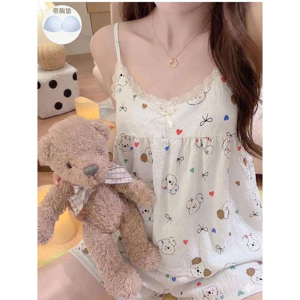 Pajamas with Chest Pads, Women's Summer Clouds, Cotton Feeling, Advanced Feeling, Can Be Worn Outside, Cartoon Suspenders, Shorts, Loungewear Set