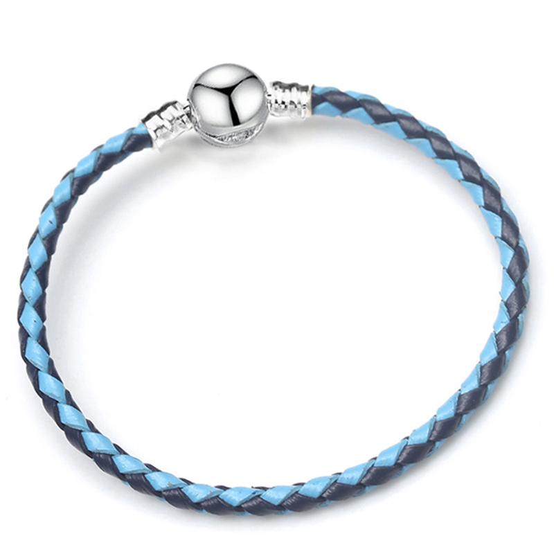 Серебряная круглая застежка Кожаная цепочка Шарм-браслет DIY Бусины Браслет Для женщин Мужчин Подарок Ювелирные аксессуары 16cm