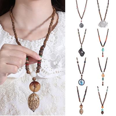 Vintage Handmade Ethnic Jewelry Party Horn Fish Pendant Mala Wood Bead Buddhist Nepal Necklace