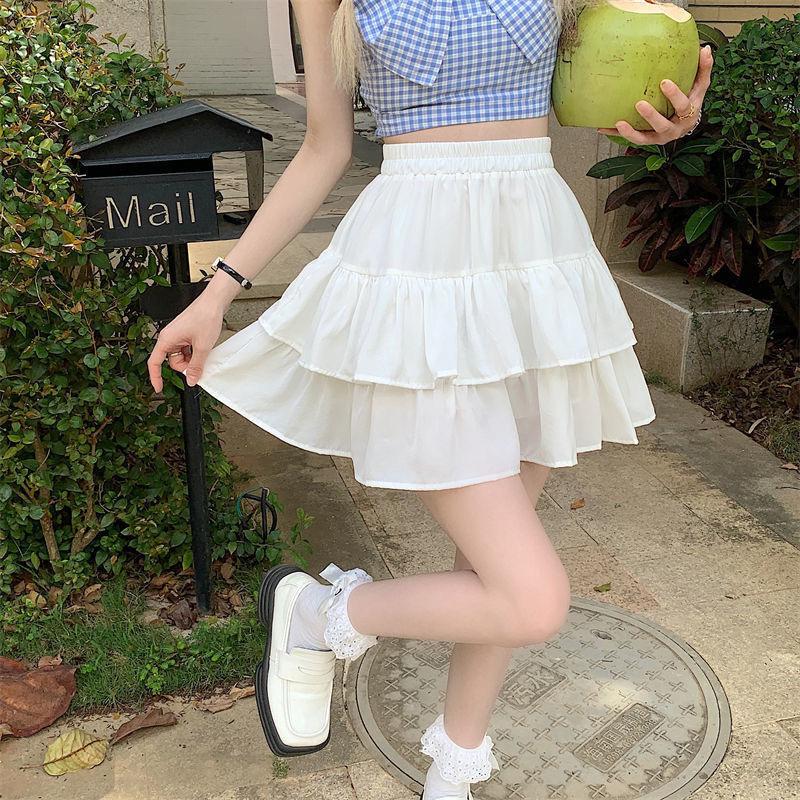Sommer Geschichteten Kuchen Mini Rock Frauen Doppel Schicht Rüschen Y2K Kurze Röcke Frau Einfarbig Hohe Taille Rock Weibliche
