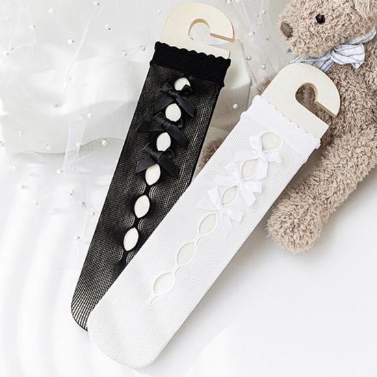 

Yousheng 1 пара носков для девочек с кружевным бантом и сетчатым дизайном, однотонные нескользящие носки Chinlon для малышей для повседневного использования