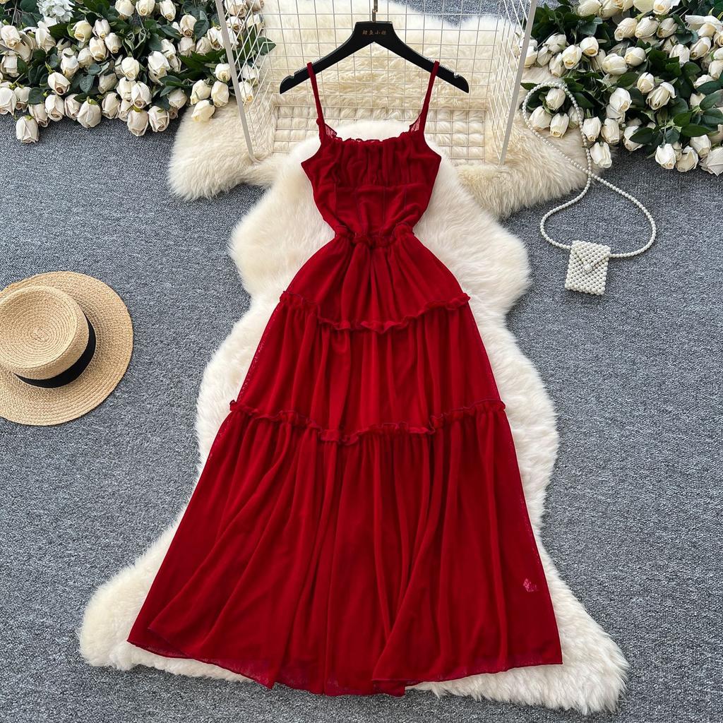 French coffee break retro suspender dress women's vacation style waist thin pleated design drape big pendulum long skirt