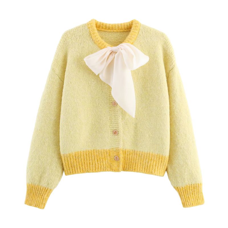 Kaslead New Women Clothes Western Style Fashion Simple Bow Decoration Knit Cardigan