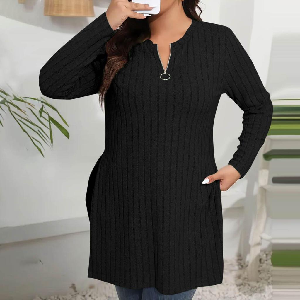 Haut décontracté pour femme uni à col V demi-zip, coupe ample, fentes latérales, manches longues