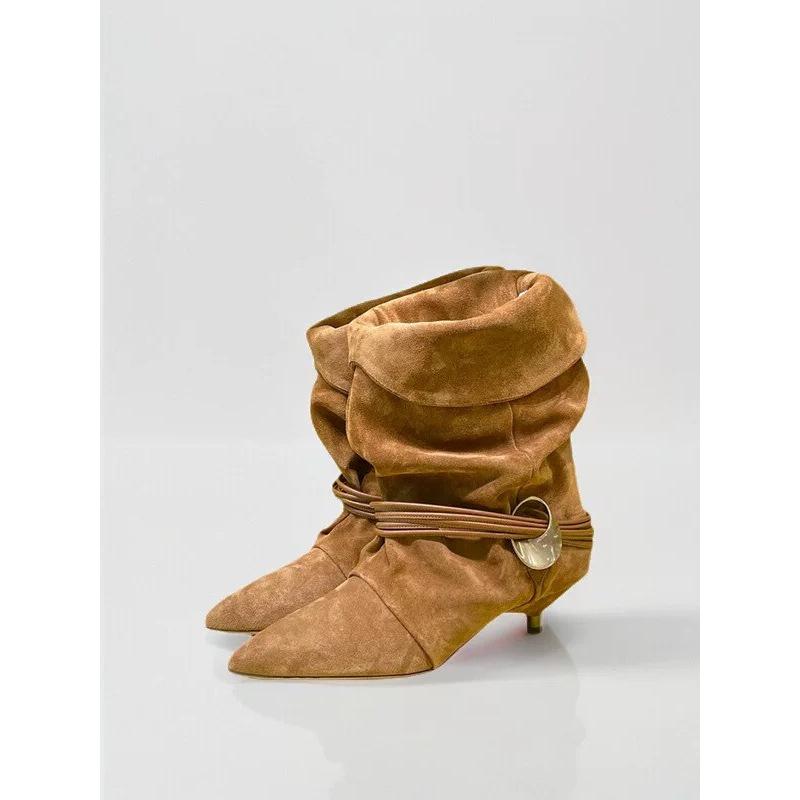 ~ Retro Niche Pointed-Toed Fine-Heeled Pleated