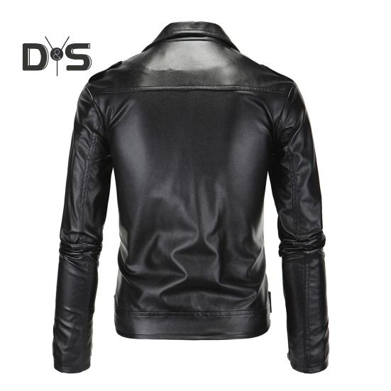 Men Jacket Slim Fit Faux Leather Solid Color Coat with Diagonal Zipper Belt Adjustment Windproof Coat