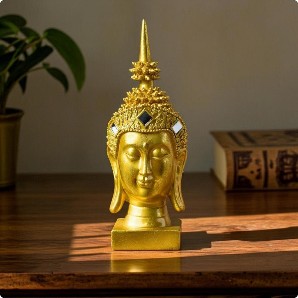 Golden Buddha Head Statue Finish Tabletop Sculpture for Meditators,