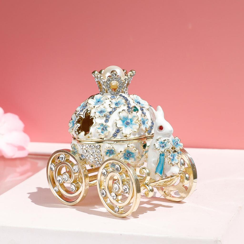 Enamel Blue Sakura Rabbit Carriage Jewelry Box Wedding Ring Gift Case