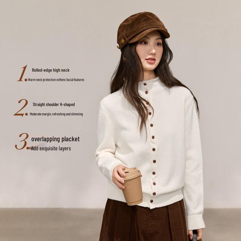SLLSKY Women's Korean Style Mock Neck Button-Down Knit Cardigan