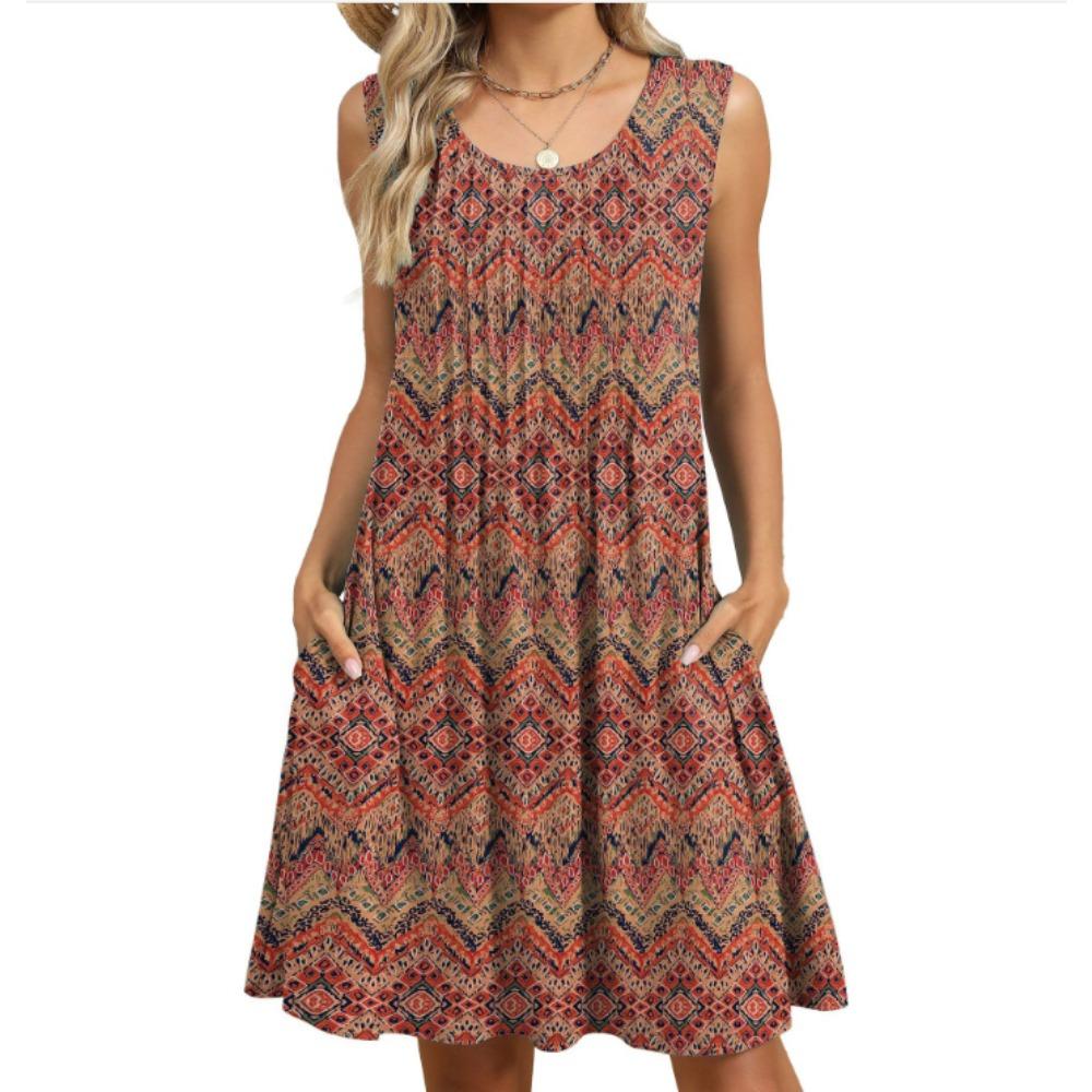 Damen Sommer Neues bedrucktes Tanktop Lockeres Kleid mit Tasche