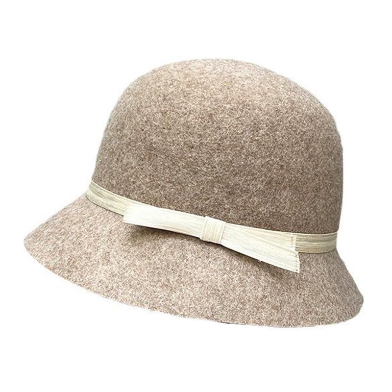 Französischer Retro Face Kleiner Hepburn-Stil Temperament Schleife Elegant Eimerhut Damen Kuppel Wollzylinder
