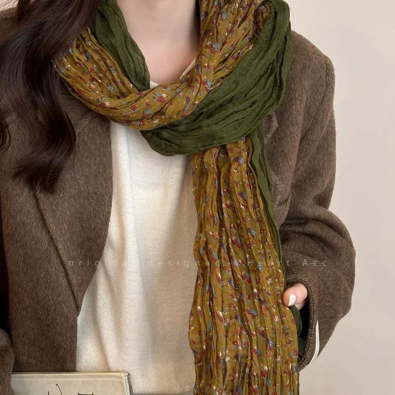 WTEMPO Spring Summer Artistic Retro Contrasting Floral Long Scarf for Women 2026 New Winter Outfit Coat Fashionable and Sophisticated Scarf