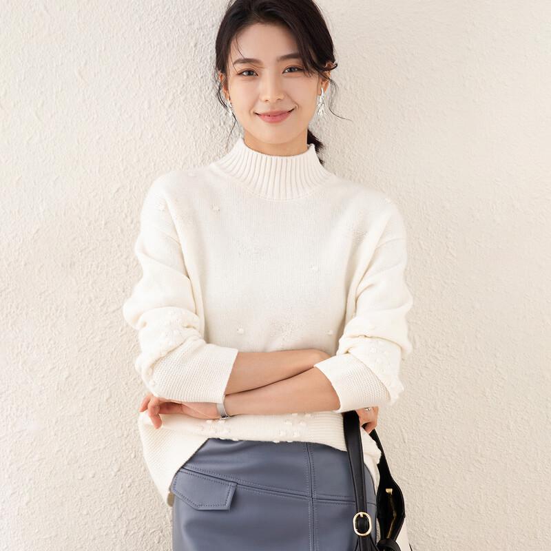 TUHUANG Women's Thickened Pure Wool Beaded Turtleneck Sweater