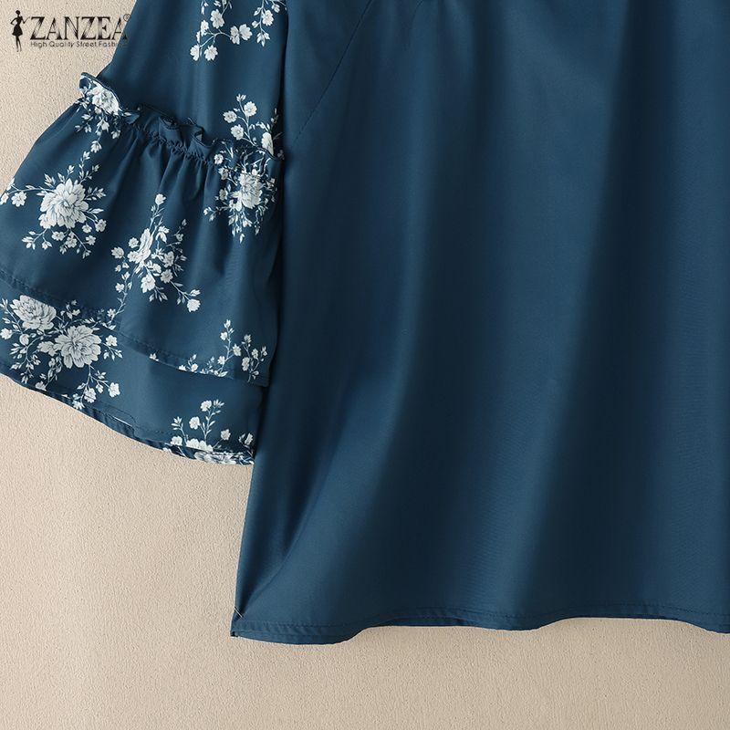ZANZEA Women Casual Stand Collar Loose Print Splice 3/4 Sleeve Blouse