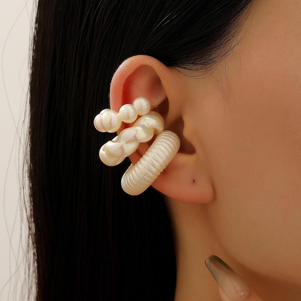 Minimalist Ribbed Striped Non-Piercing Sterling Silver Pearl White Ear Cuffs for Women