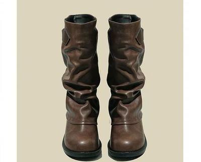 Western Cowboy Retro Leather American Niche Retro Chunky Heel Pile Boots Pleated Short Boots Explosive Knight Lady Boots