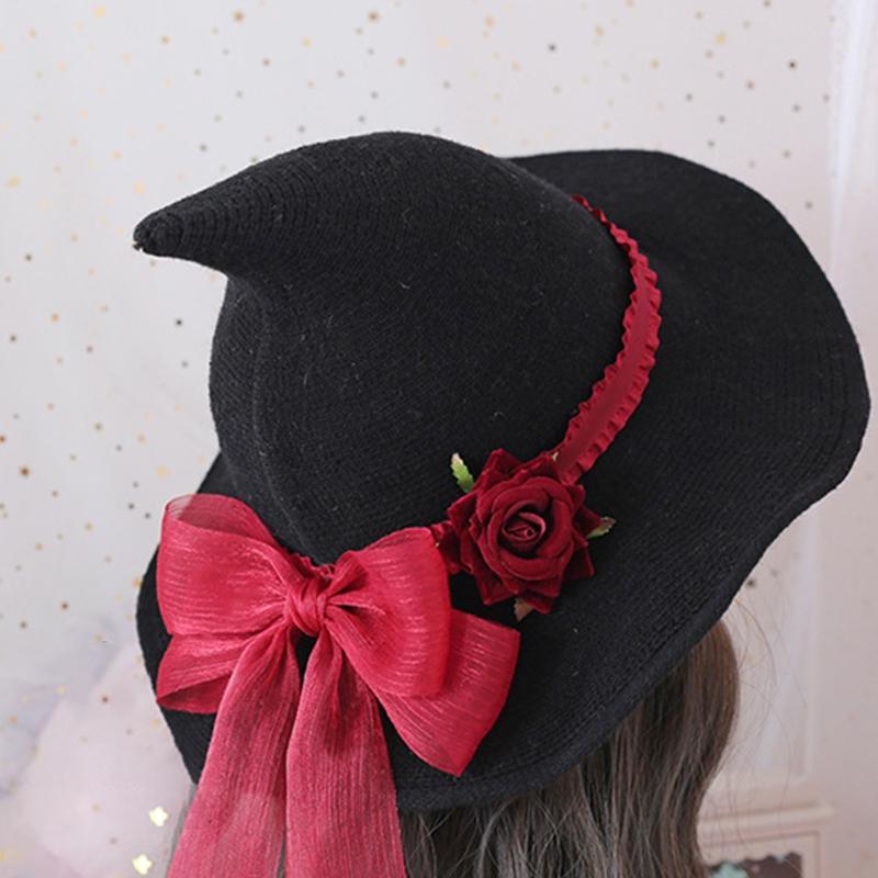 Lolita Modern Rose Big Bow Witch Hat Big Brim Cap Halloween Gifts for Head Ornam