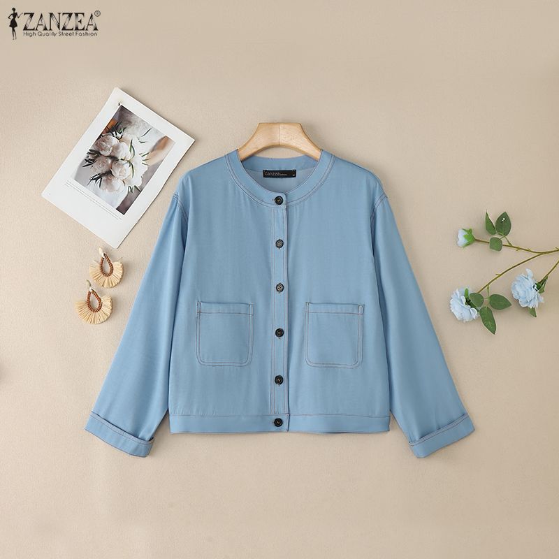 ZANZEA Damen Lässig Rundhals Locker Langarm Knopfbluse