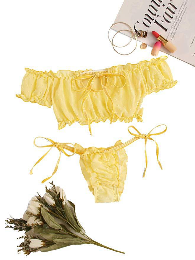 

2020 Европейский и американский стиль Сексуальный раздельный кружевной купальник Линжери Пижама L жёлтый