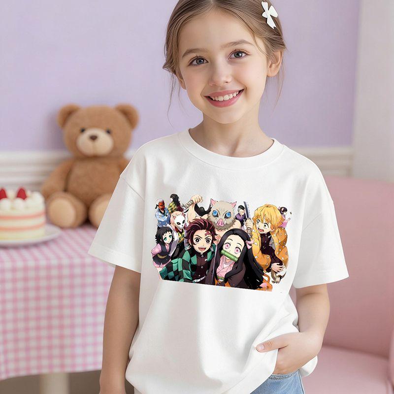 Demon Slayer 2026 Pure Cotton Cartoon ShortSleeved TShirt for Girls New Summer Breathable Childrens Clothing