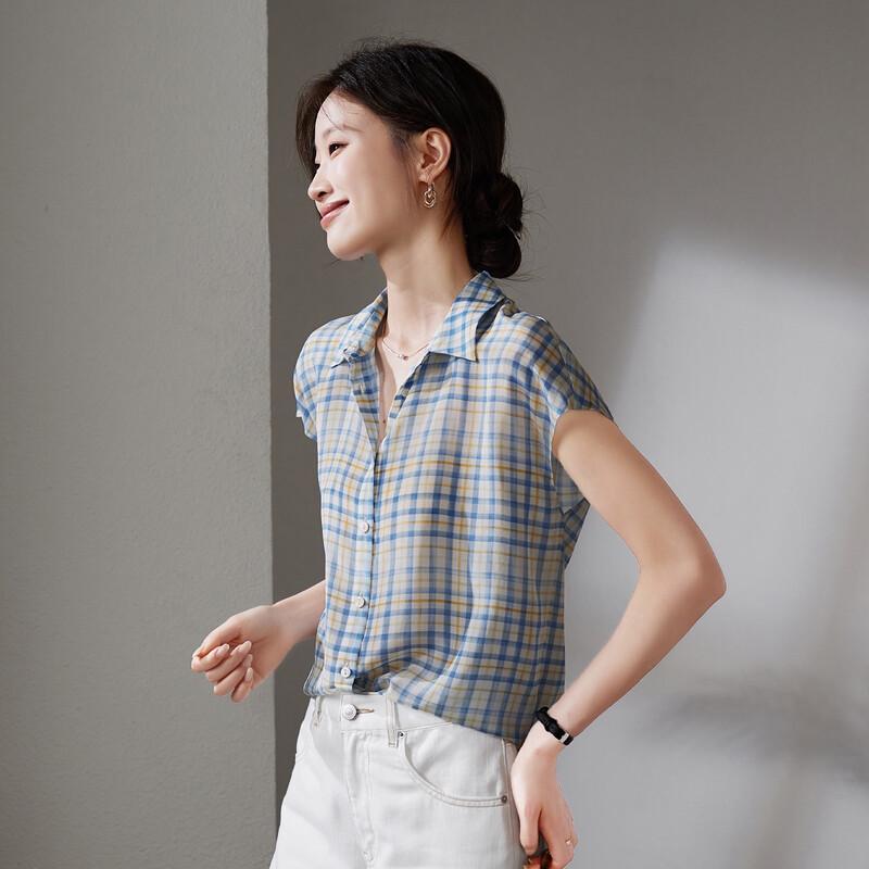 SOFSIL Women s Retro Plaid Silk Blouse L