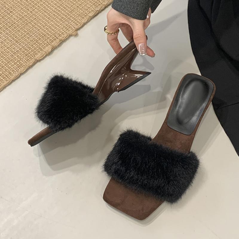 Fashion Liyke Strange Style Fretwork Wedges Shoes For Woman Fur Fluffy High Heels Slipper Fashion Party Dress Sandal Female Mules Slides