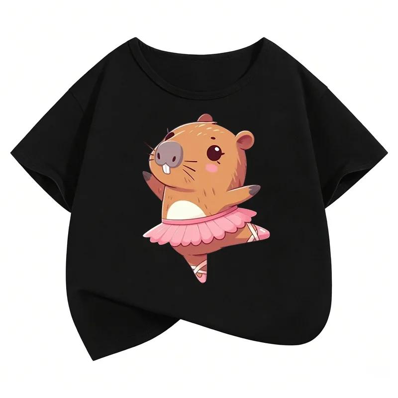 Kawaii Dacing Capybara Design T Shirts Manga Kids Childrens Tshirt Short Sleeve Boys Girls Summer Spring Casual Top Tee Shirt