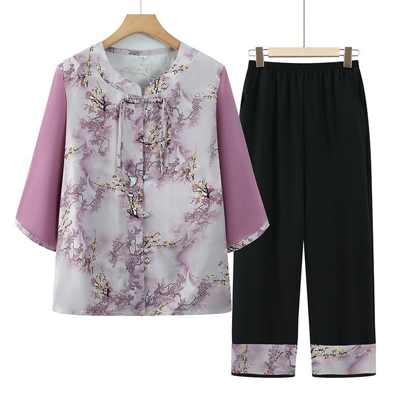 

Summer Loose Set: Grandma’s Chinese Style Short-Sleeve Shirt & Two-Piece Outfit for Elderly Women 3XL (125-135 jin) фіолетовий