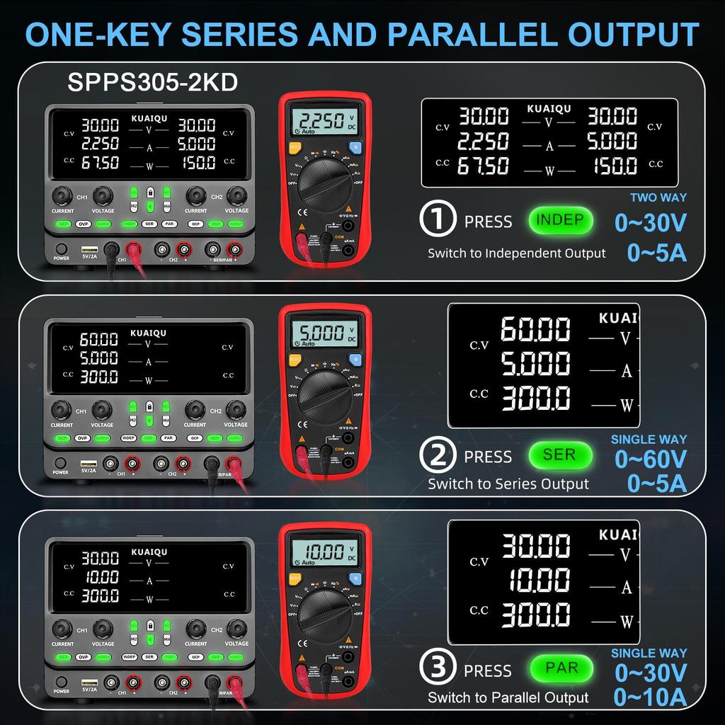 Dual Channel Power Supplies KUAIQU 30V 5A 4 in 1 Indep series parallel OCP & OVP Data storage Panel lock, output switch, encoder knob SPPS305-2KD